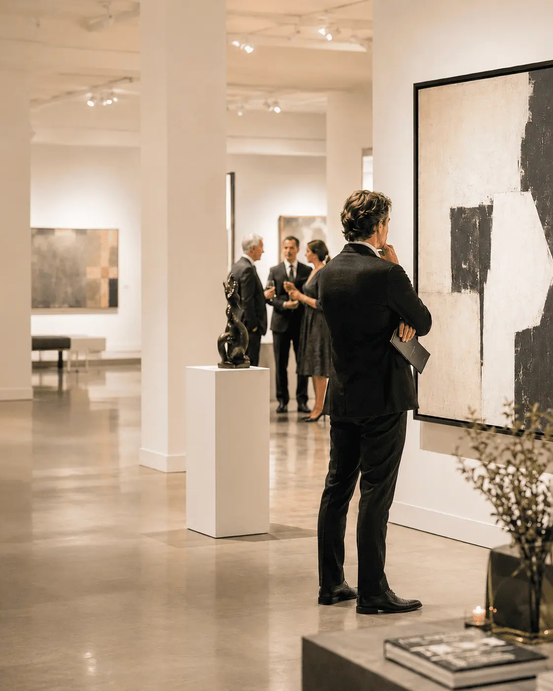 High-end contemporary art gallery environment showing focused collectors viewing artwork