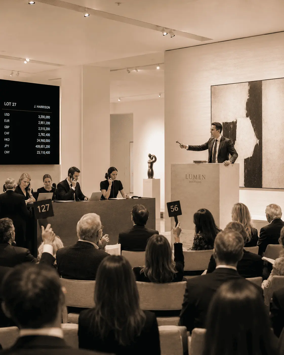 Auction house salesroom with bidders